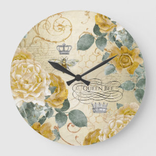 Vintage Königin-Bienen-goldene Rosen mit Blumen Große Wanduhr