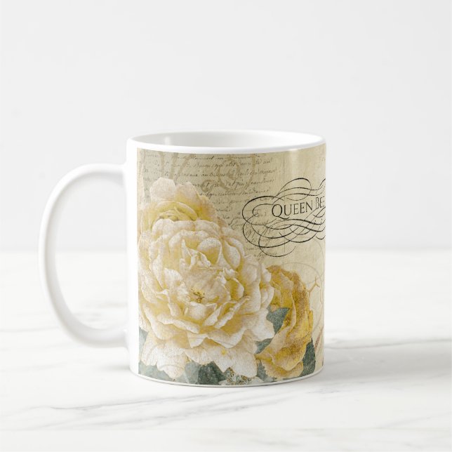 Vintage Königin-Bienen-goldene Rosen mit Blumen Kaffeetasse (Links)