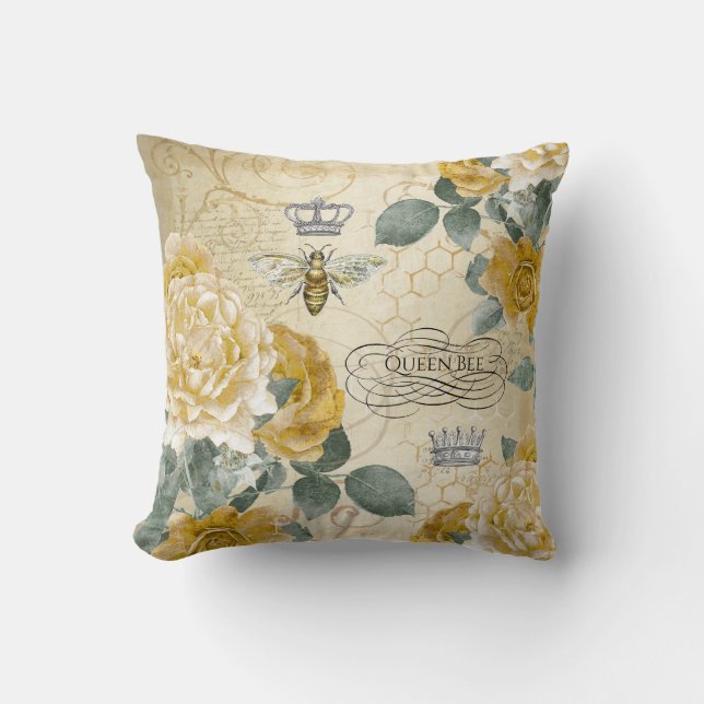 Vintage Königin-Bienen-goldene Rosen mit Blumen Kissen (Vorderseite)