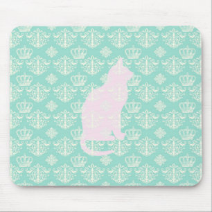 Vintage königliches Teal-Weiß-Damaskus-Katze-Desig Mousepad