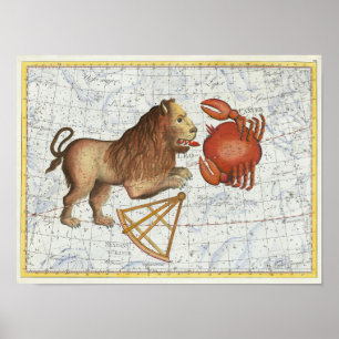 Vintage Konstellationen von Himmelskrebs und Leo Poster