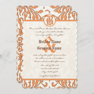 Vintage Korallen & Braun Damask Einladung