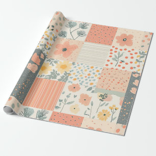 Vintage-Korallen-Pfirsich-Salbei-Blumen-Patchwork Geschenkpapier
