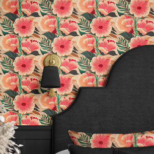 Vintage-Korallen- und Pfirsich-Blumen auf Beige Tapete