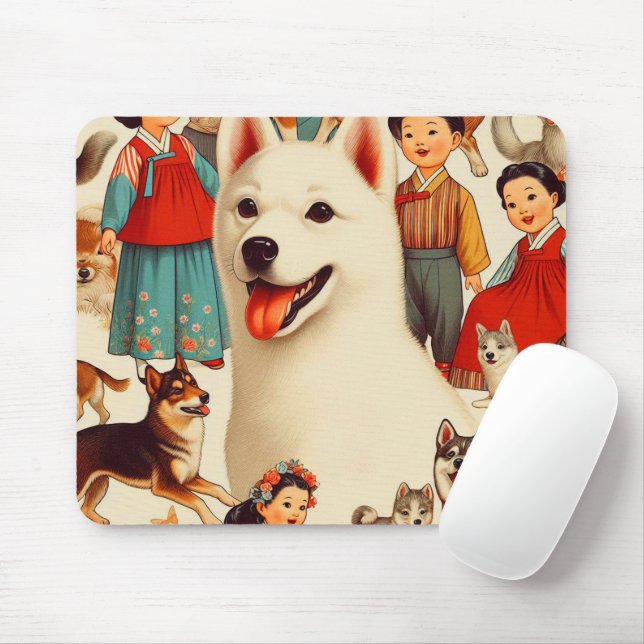 Vintage koreanische Jindo-Illustration Mousepad (Mit Mouse)