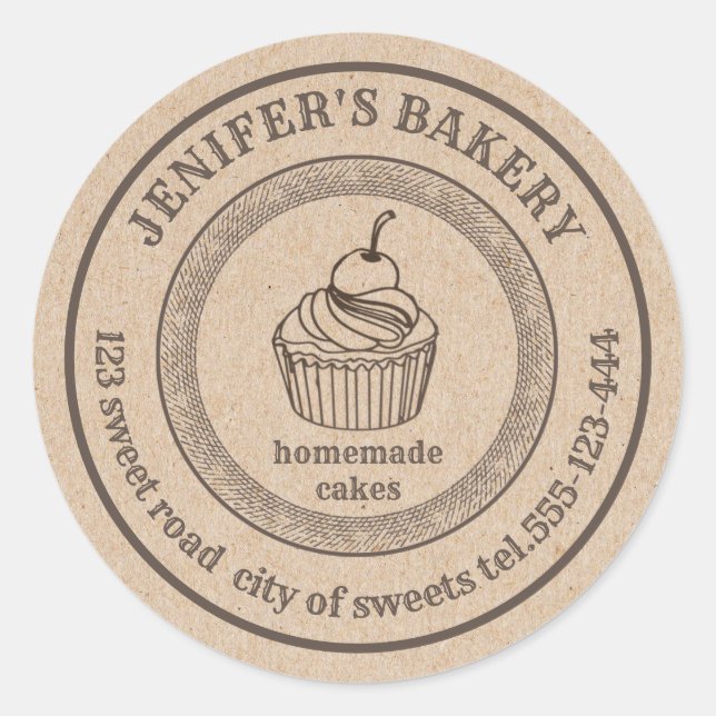 Vintage Kraft Bäckerei Hausgemachte Kuchen Bäckere Runder Aufkleber (Vorderseite)
