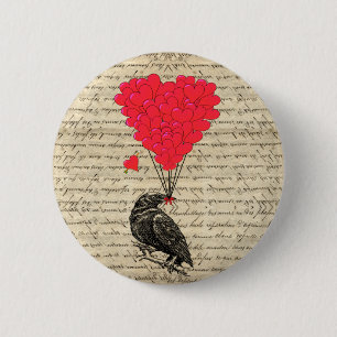 Vintage-Krähe und herzförmige Luftballons Button