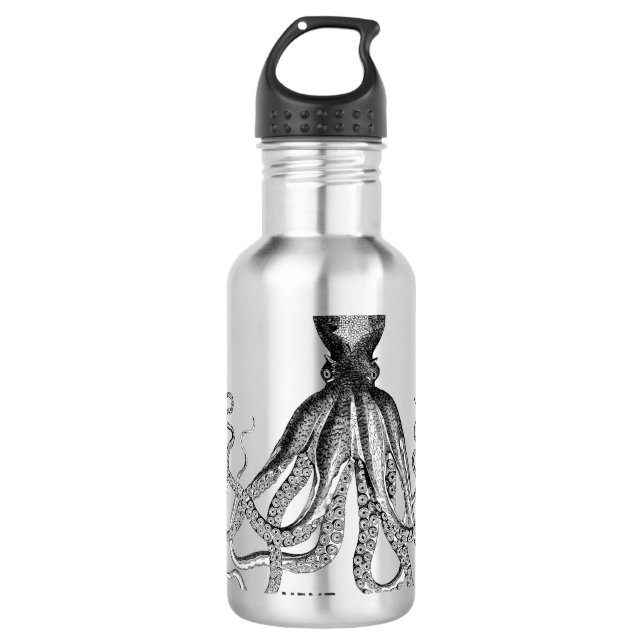 Vintage Krake, Schwarzweiss, Edelstahlflasche (Vorderseite)