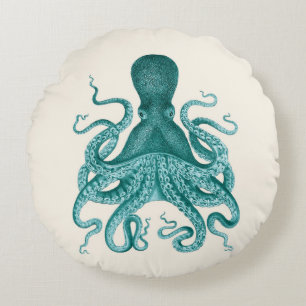 Vintage Kraken-Illustration im Türkis Rundes Kissen