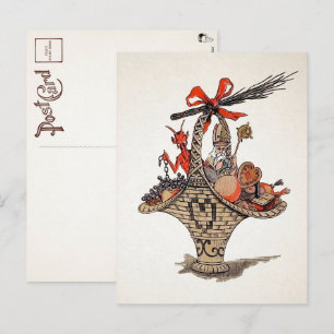 Vintage-Krampus-und-Santa-Geschenkkorb-Postkarte Postkarte