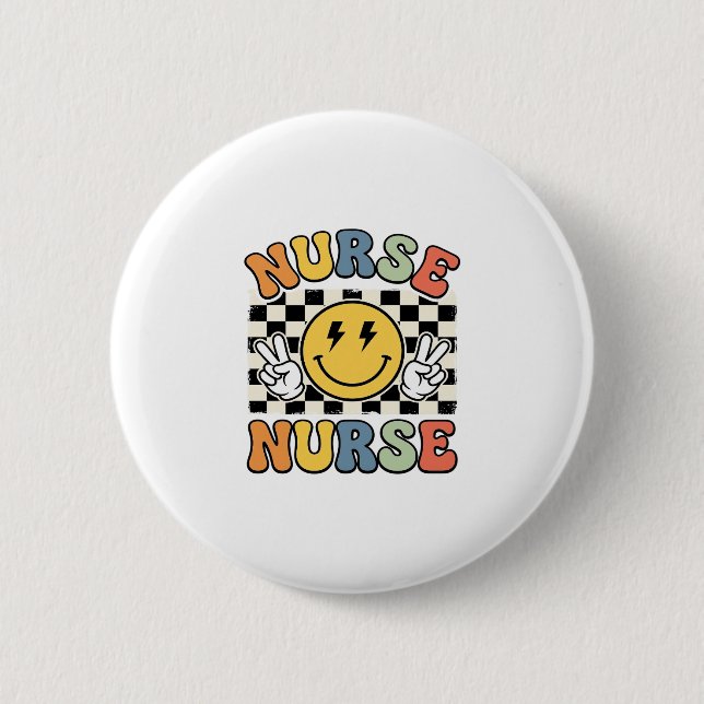 Vintage-Krankenschwester-Lächeln-Karohemd-Design_1 Button (Vorderseite)