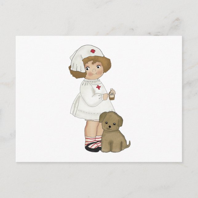 Vintage Krankenschwester mit Welpengeschenken und  Postkarte (Vorderseite)