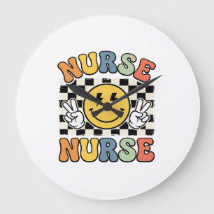 Vintage-Krankenschwester Smiley Karo Hemd Design_1 Große Wanduhr