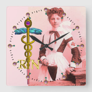 VINTAGE KRANKENSCHWESTER und Gold Caduceus NR Embl Quadratische Wanduhr