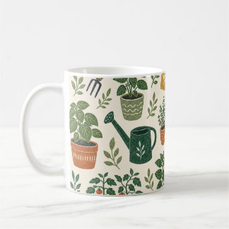 Vintage Kräutergarten mit Topfpflanzen und Gießkan Kaffeetasse