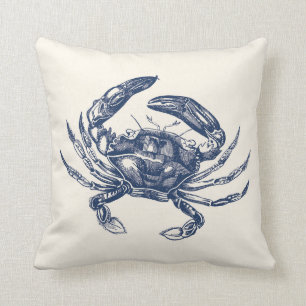 Vintage-Krebs-Illustration Marineblau auf Creme Kissen