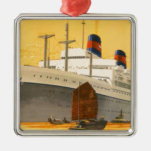 Vintage-Kreuzfahrtschiff in den Orient mit Dschunk Silbernes Ornament