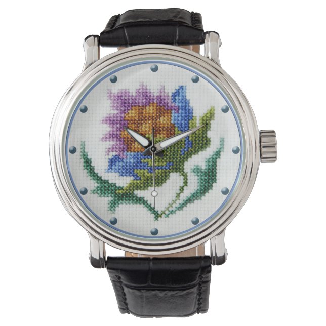 Vintage Kreuzstickerei bestickte Blume Armbanduhr (Vorderseite)