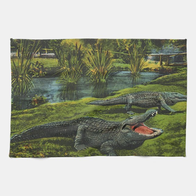 Vintage Krokodile, Meereslebewesen Reptilien Küchentuch (Horizontal)