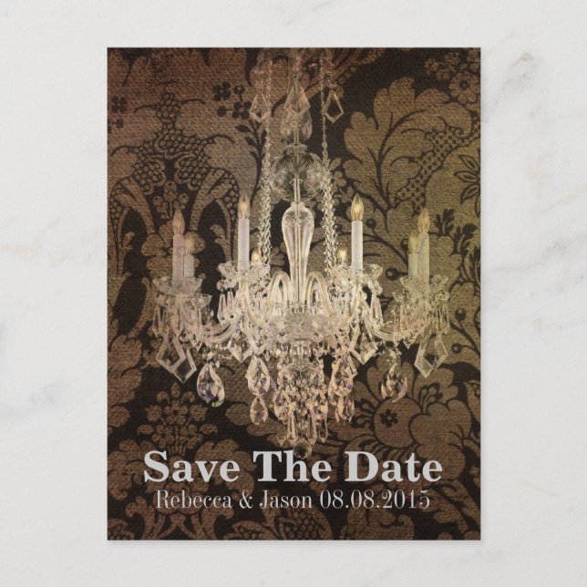 Vintage Kronleuchter-Hochzeit speichern das Datum Ankündigungspostkarte (Vorderseite)