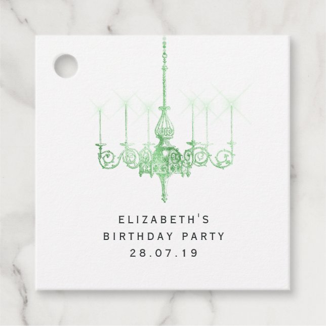 Vintage Kronleuchter und grüner Damast Geschenkanhänger (Vorderseite)