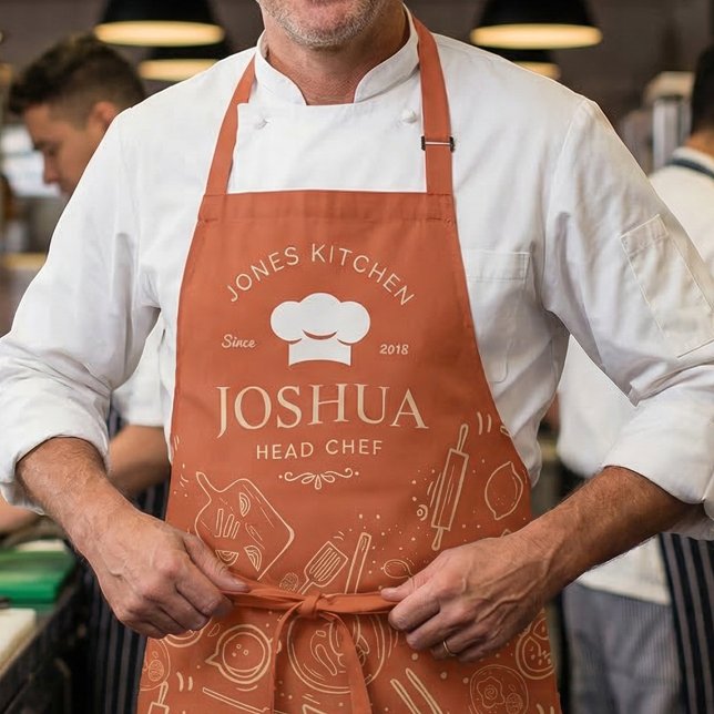 Vintage Küchenkochgeschirr Muster Schürze (Personalized head chef apron for men with modern kitchen design)
