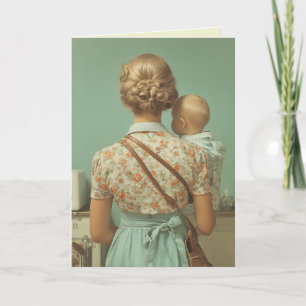 Vintage-Küchenszene mit Mutter und Baby Karte