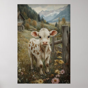 Vintage-Kuh-Druck, Kalb-Oster-Blumen-Farmhouse Poster