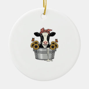 Vintage Kuh in der Wanne Sonnenblume Schmetterling Keramik Ornament