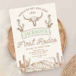 Vintage Kuhwüste Erste Rodeo 1. Geburtstag Einladung<br><div class="desc">Vintage Kuh Wüste First Rodeo 1. Geburtstag Einladung Line gezeichnet Rodeo erste Geburtstagseinladung für Junge mit einer langen Kuh,  Kakteen und Western Wüste mit einem blassminzigen Highlight. Diese erste Einladung zum 1. Geburtstag beinhaltet auch ein Seil wie die Richtung.</div>