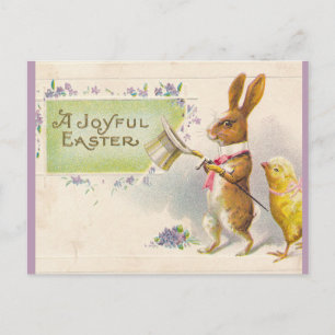 Vintage Küken und Osterhase mit Zylinder Postkarte