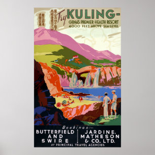 Vintage Kuling China Golfer und Landschaft Poster