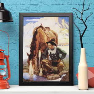 Vintage-Kunst, Cowboy tränkt sein Pferd von NC Wye Poster