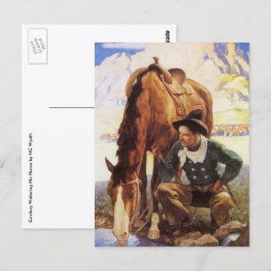 Vintage Kunst, Cowboy Watering Seines Pferdes durc Postkarte