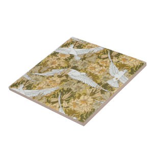 Vintage Kunst-Deko-Tauben und Blumen Fliese