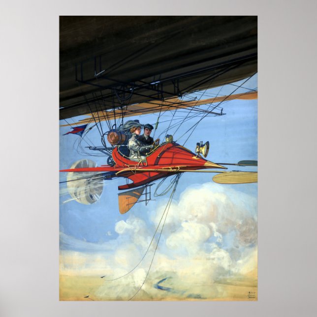 Vintage Kunst des fliegenden Futuristikflugzeugs Poster (Vorne)