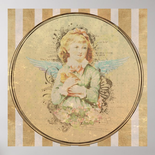 Vintage Kunst, Engelmädchen mit Vogel durch Liebe  Poster (Vorne)