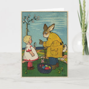 Vintage Kunst - Kleines Mädchen mit Osterhase Feiertagskarte