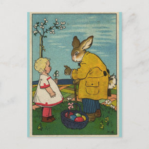 Vintage Kunst - Kleines Mädchen mit Osterhase Feiertagspostkarte