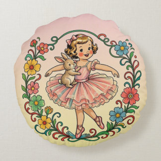 ~ Vintage-Kunst Mädchen im Tutu mit Kaninchen ~ Rundes Kissen