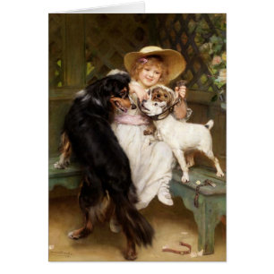 Vintage Kunst - Mädchen und Hunde im Garten,