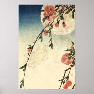 Vintage-Kunst mit rosa Blüten bei Vollmond Poster