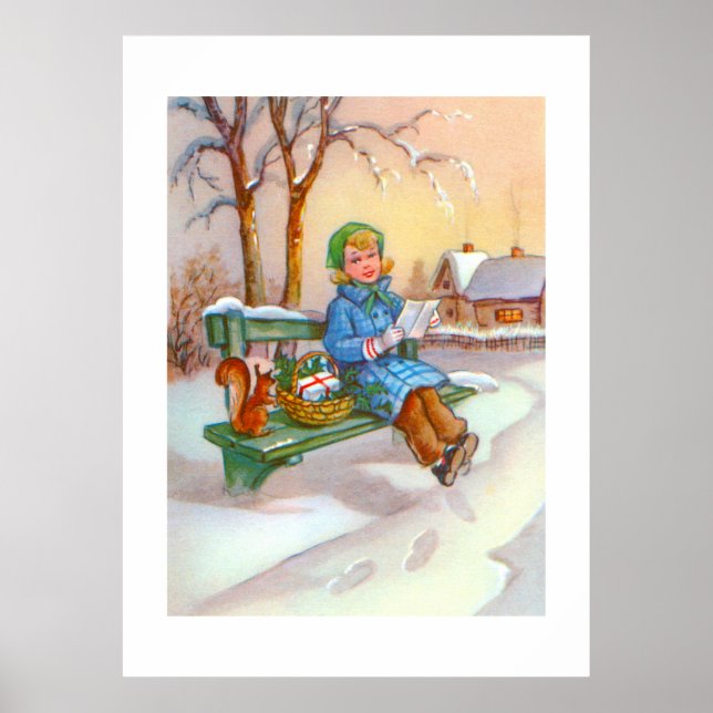 Vintage Kunst von Dame und Eichhörnchen Poster (Vorne)