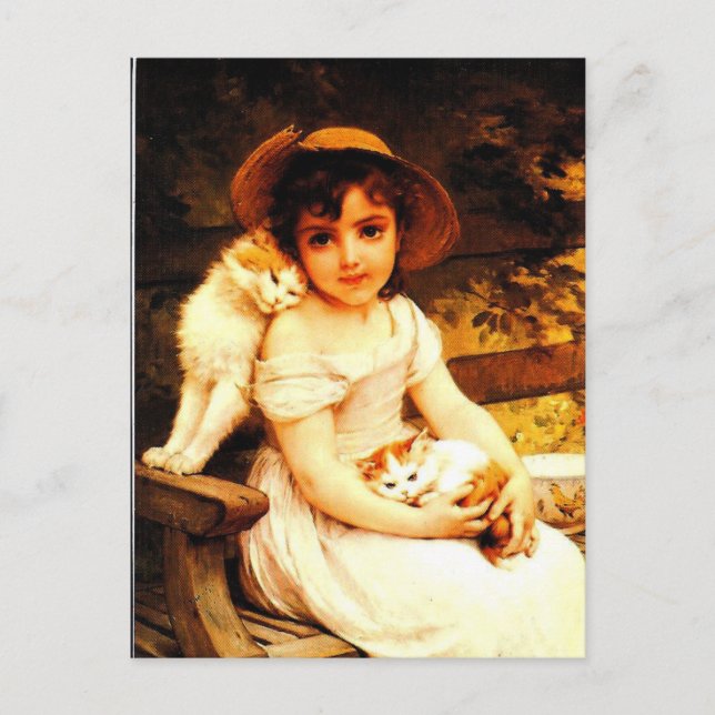 Vintage Kunstdruckerei "Girl with Kittens" von Mun Postkarte (Vorderseite)
