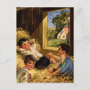 Vintage Kunstjungen auf Bauernhof im Sommer Postkarte