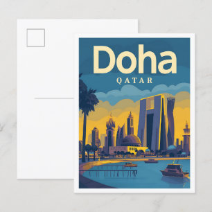 Vintage Kunstreise Doha Katar - Illustration Postkarte