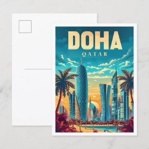 Vintage Kunstreise Doha Katar - Illustration Postkarte