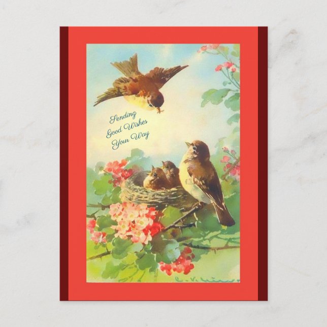 Vintage Kunstvögel und Blume, Hallo, gute Wünsche Postkarte (Vorderseite)