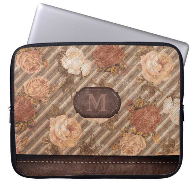 Vintage Kupfer-Rose | Rustikale florale Monogramm Laptopschutzhülle (Vorderseite)