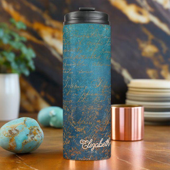 Vintage Kupferpatina mit türkisfarbener Kalligrafi Thermosbecher (Vintage Copper Patina with Turquoise Calligraphy Thermal Tumbler)